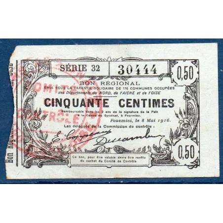 Bon régional Nord, Aisne et Oise (Fourmies) 50 centimes, TTB, 8.5.1916 Pirot 59-1115 Billet