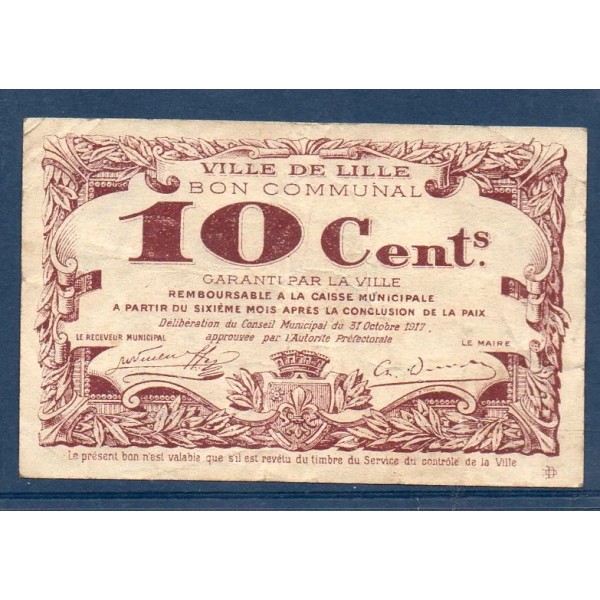 Bon communal Lille 10 centimes, TB, 31.10.1917 Pirot 59-1632 Billet