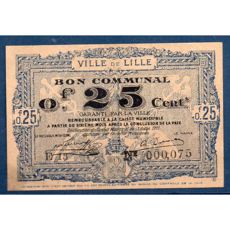 Bon communal Lille 25 centimes, Sup, 13.7.1917 Pirot 59-1621 Billet Bon communal Lille 25 centimes, Sup, 13.7.1917 Pirot 59-1621 Billet
