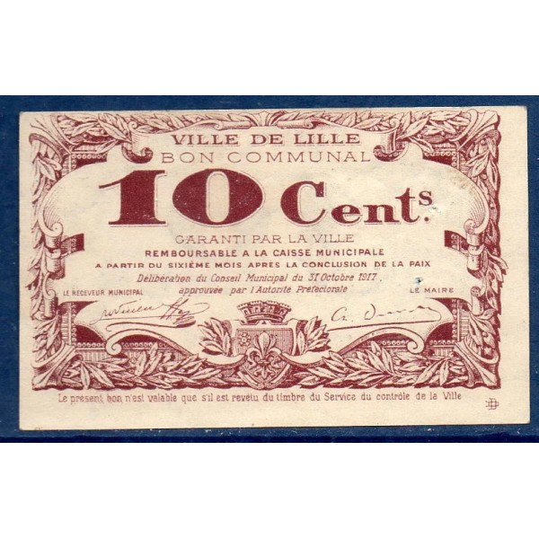 Bon communal Lille 10 centimes, TTB, 31.10.1917 Pirot 59-1632 Billet
