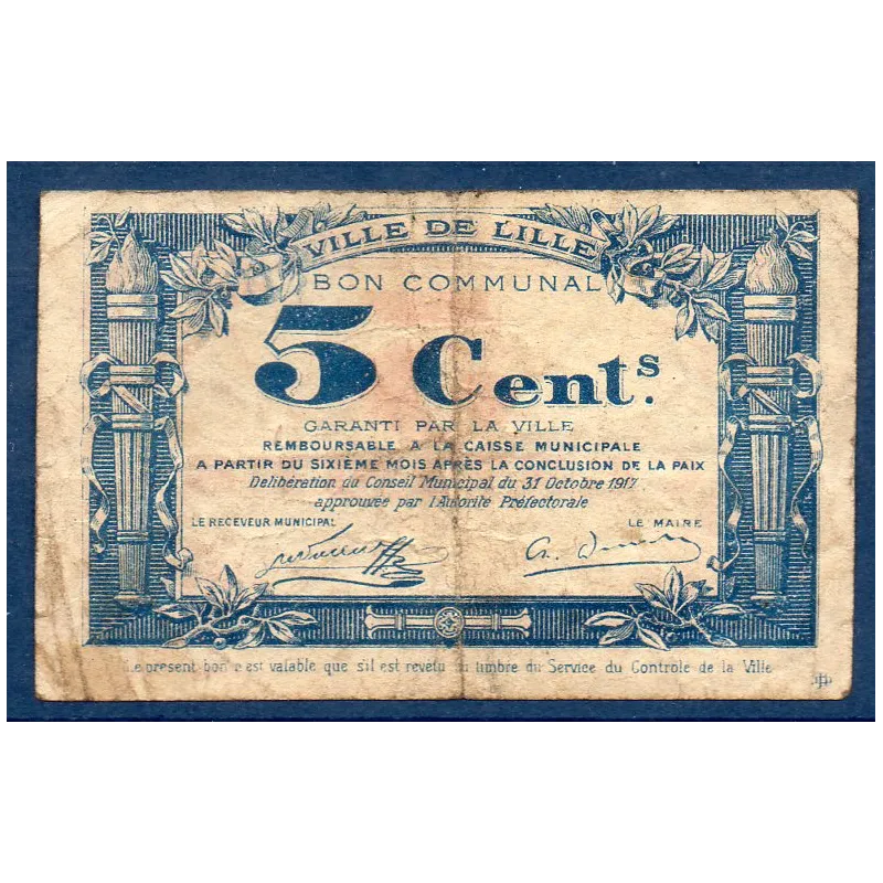 Bon communal Lille 5 centimes, B, 31.10.1917 Pirot 59-1630 Billet Bon communal Lille 5 centimes, B, 31.10.1917 Pirot 59-1630 Billet