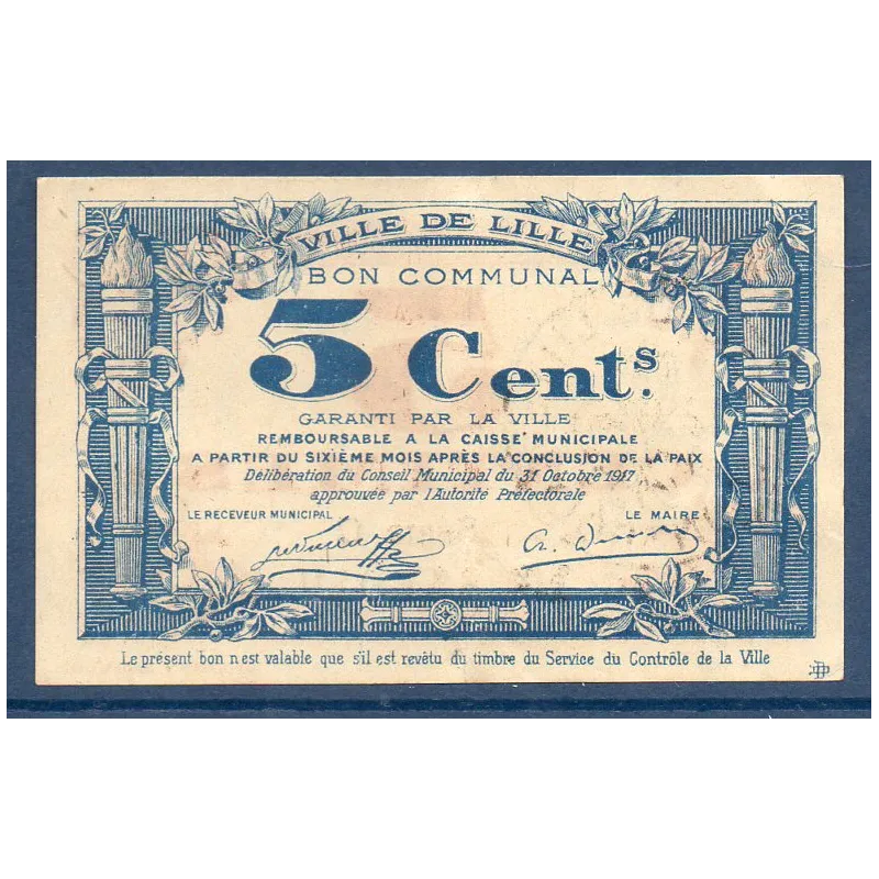 Bon communal Lille 5 centimes, TTB, 31.10.1917 Pirot 59-1630 Billet Bon communal Lille 5 centimes, TTB, 31.10.1917 Pirot 59-1630 Billet