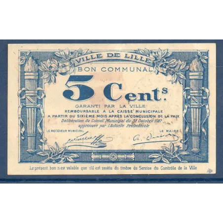 Bon communal Lille 5 centimes, TTB, 31.10.1917 Pirot 59-1630 Billet