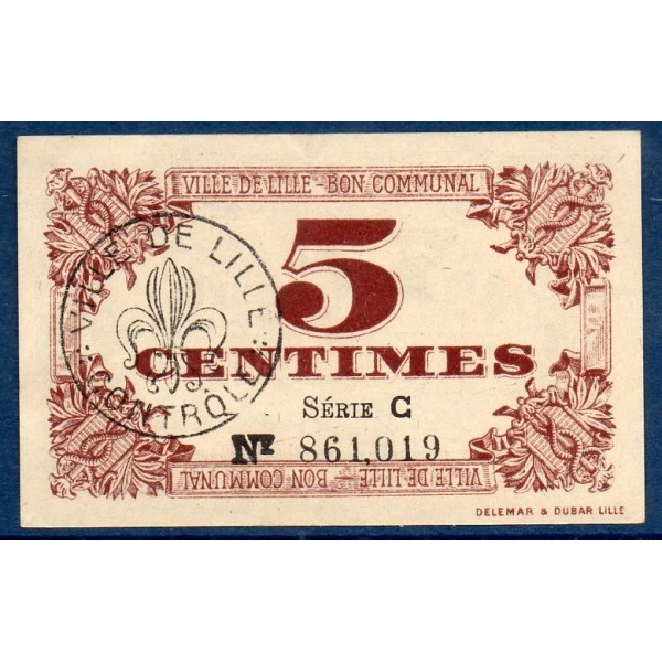 Bon communal Lille 5 centimes, TTB, 31.10.1917 Pirot 59-1630 Billet