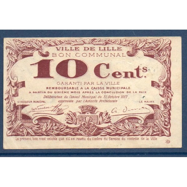 Bon communal Lille 10 centimes, TTB, 31.10.1917 Pirot 59-1632 Billet