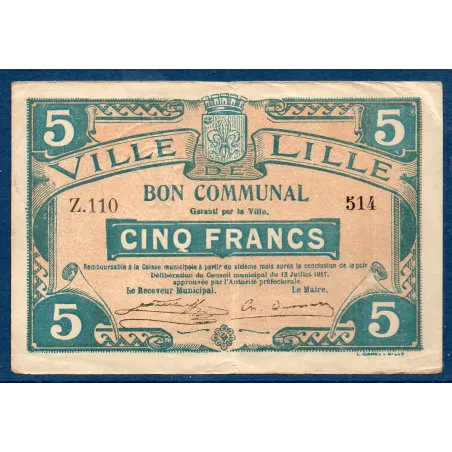 Bon communal Lille 5 francs, TTB-, 13.7.1917 Pirot 59-1623 Billet