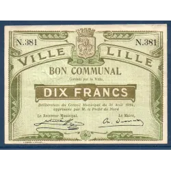 Bon communal Lille 10 francs, TTB, 31.8.1914 Pirot 59-1604 Billet