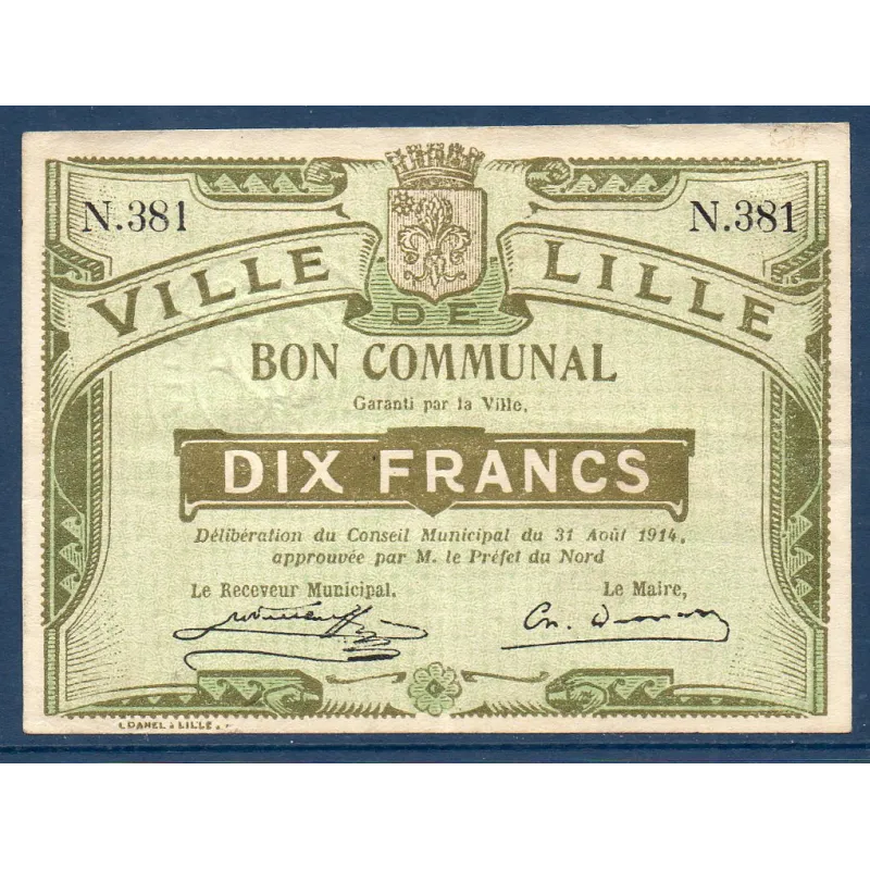 Bon communal Lille 10 francs, TTB, 31.8.1914 Pirot 59-1604 Billet Bon communal Lille 10 francs, TTB, 31.8.1914 Pirot 59-1604 Billet