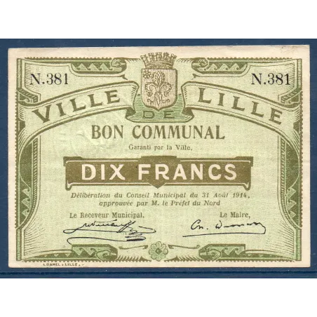 Bon communal Lille 10 francs, TTB, 31.8.1914 Pirot 59-1604 Billet