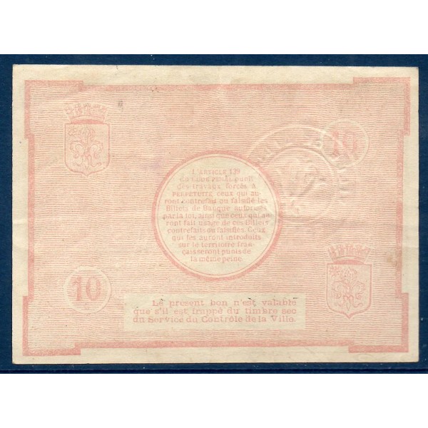 Bon communal Lille 10 francs, TTB, 31.8.1914 Pirot 59-1604 Billet