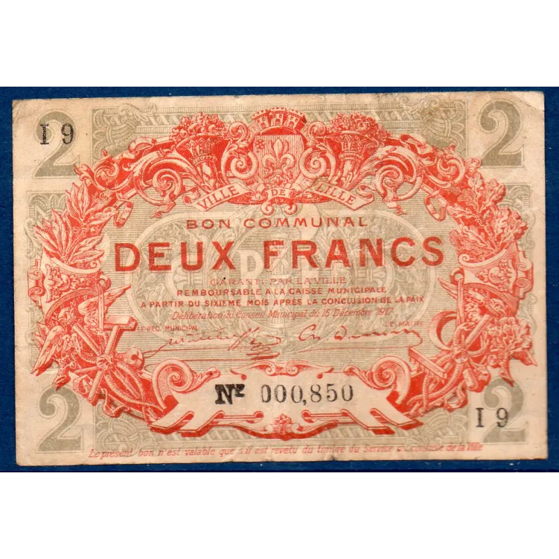 Bon communal Lille 2 francs, TB+, 15.12.1917 Pirot 59-1639 Billet Bon communal Lille 2 francs, TB+, 15.12.1917 Pirot 59-1639 Billet