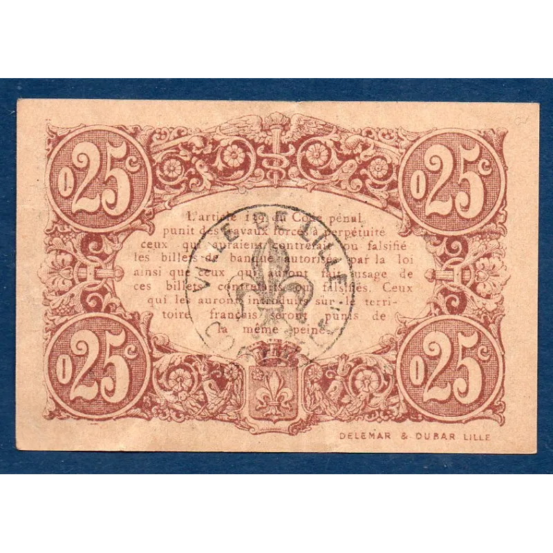 Bon communal Lille 25 centimes, TTB, 13.7.1917 Pirot 59-1621 Billet Bon communal Lille 25 centimes, TTB, 13.7.1917 Pirot 59-1621 Billet