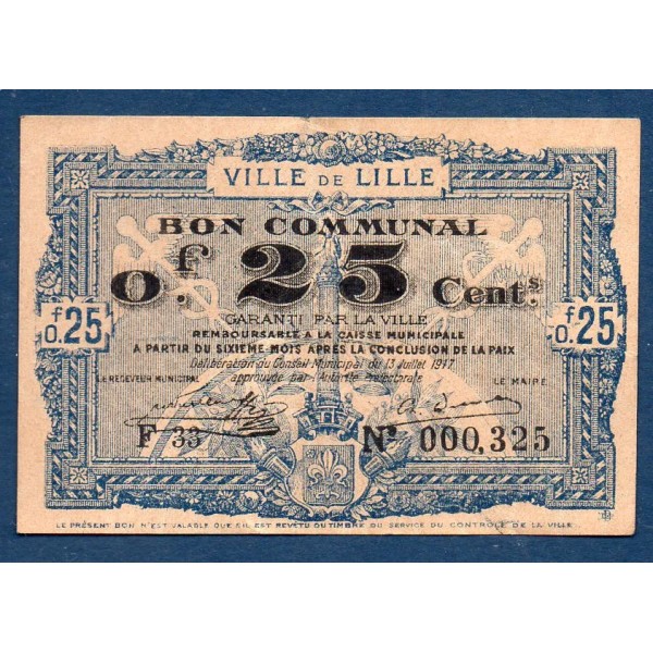 Bon communal Lille 25 centimes, TTB, 13.7.1917 Pirot 59-1621 Billet