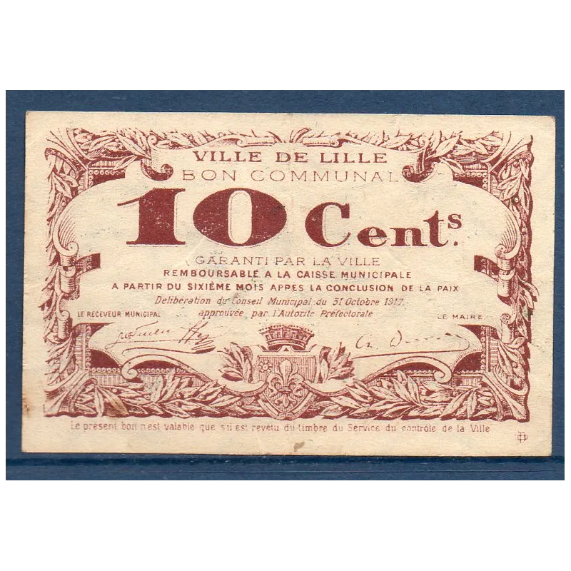 Bon communal Lille 10 centimes, TB+, 31.10.1917 Pirot 59-1632 Billet Bon communal Lille 10 centimes, TB+, 31.10.1917 Pirot 59-1632 Billet
