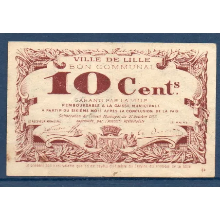 Bon communal Lille 10 centimes, TB+, 31.10.1917 Pirot 59-1632 Billet