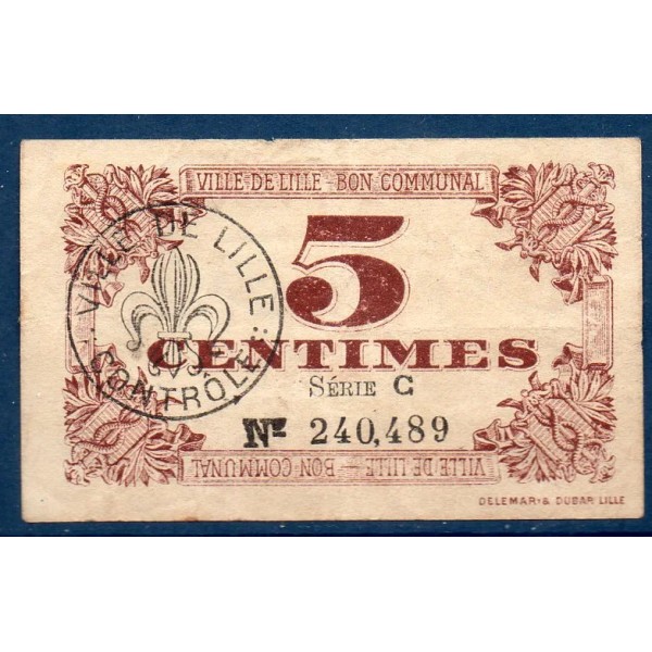 Bon communal Lille 5 centimes, TB+, 31.10.1917 Pirot 59-1630 Billet