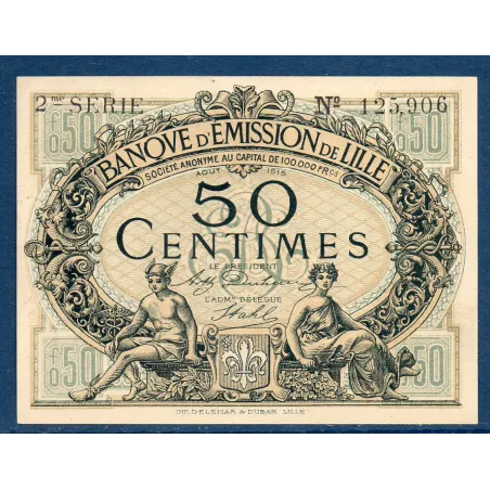 Bon Banque d'émission Lille 50 centimes, Neuf, 08.1915 Pirot 59-1599 Billet
