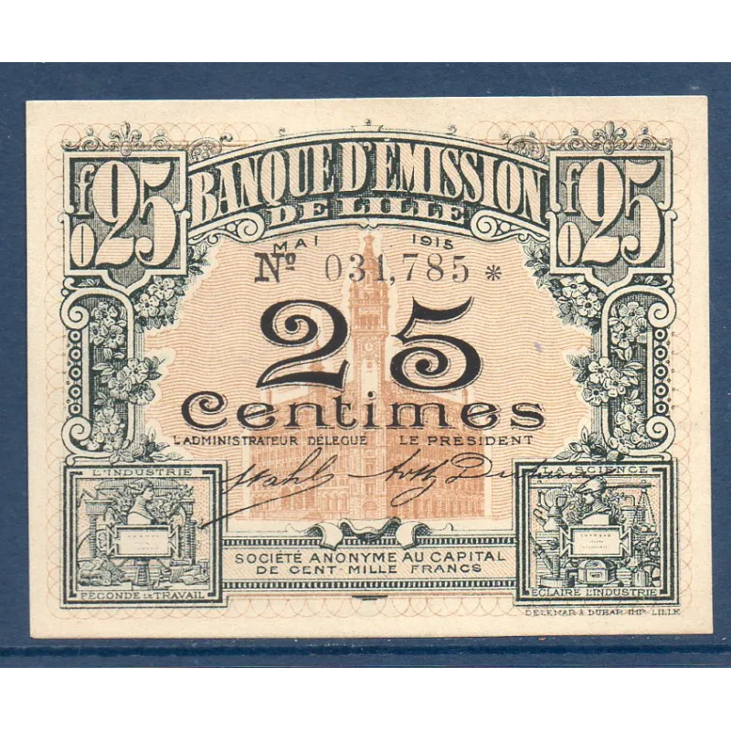 Bon Banque d'émission Lille 25 centimes, Neuf, 05.1915 Pirot 59-1598 Billet Bon Banque d'émission Lille 25 centimes, Neuf, 05.1915 Pirot 59-1598 Billet