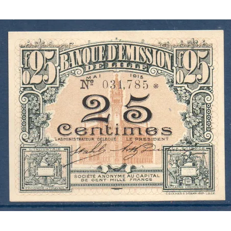 Bon Banque d'émission Lille 25 centimes, Neuf, 05.1915 Pirot 59-1598 Billet