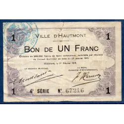 Bon communal Hautmont 1 franc, TB, 25.1.1915 Pirot 59-1297 Billet