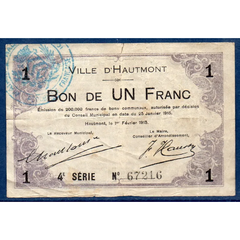 Bon communal Hautmont 1 franc, TB, 25.1.1915 Pirot 59-1297 Billet