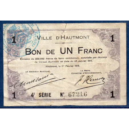 Bon communal Hautmont 1 franc, TB, 25.1.1915 Pirot 59-1297 Billet