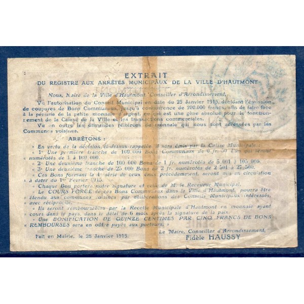 Bon communal Hautmont 1 franc, TB, 25.1.1915 Pirot 59-1297 Billet