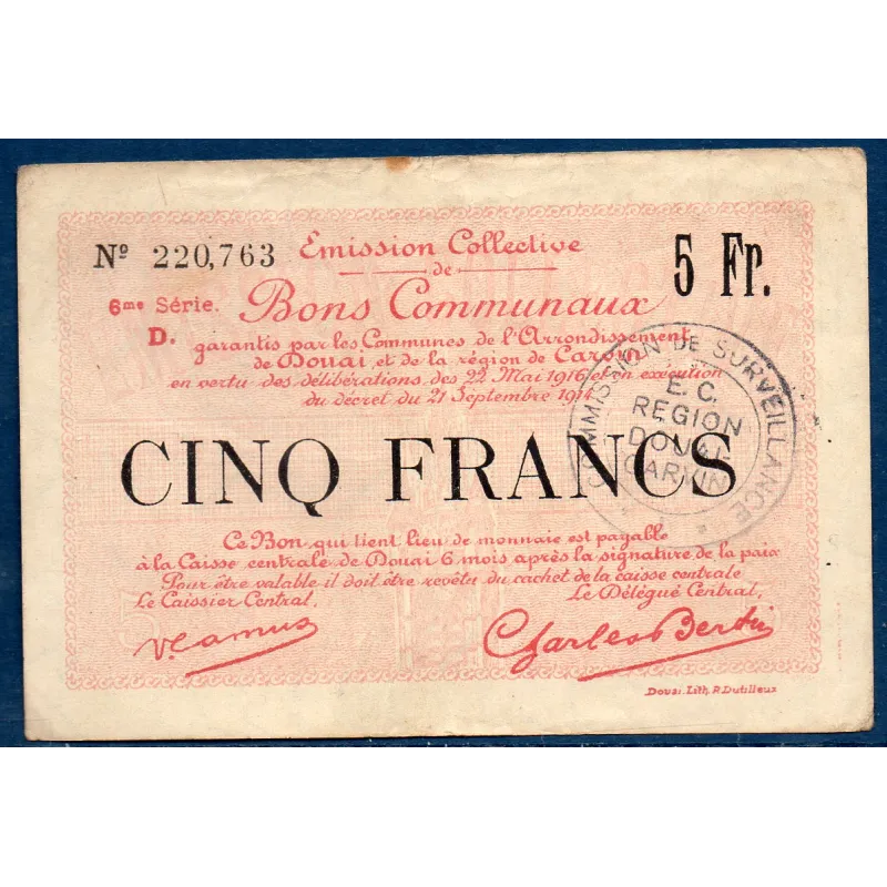 Bon communal Douai et Carvin 5 francs, TB+, 22.5.1916 Pirot 59-787 Billet Bon communal Douai et Carvin 5 francs, TB+, 22.5.1916 Pirot 59-787 Billet