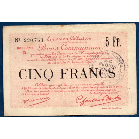 Bon communal Douai et Carvin 5 francs, TB+, 22.5.1916 Pirot 59-787 Billet