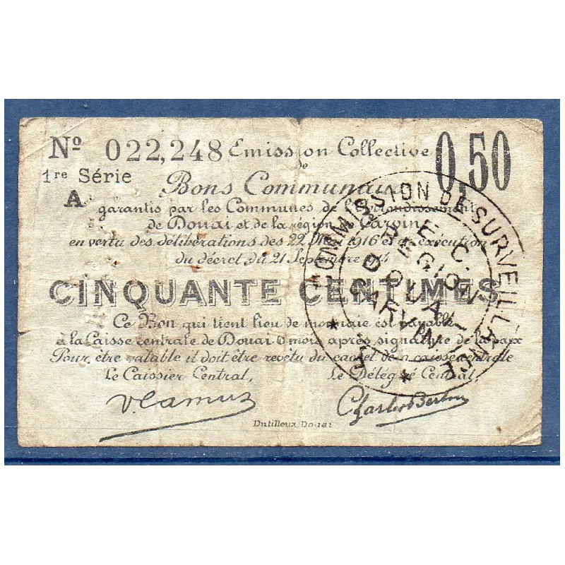 Bon communal Douai et Carvin 50 centimes, B, 22.5.1916 Pirot 59-739 Billet Bon communal Douai et Carvin 50 centimes, B, 22.5.1916 Pirot 59-739 Billet
