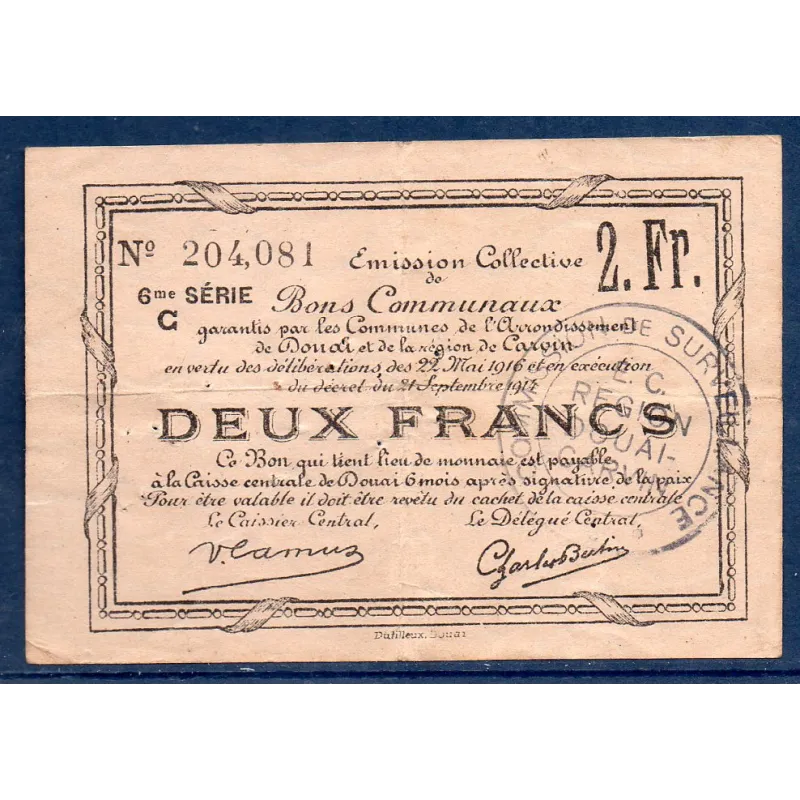 Bon communal Douai et Carvin 2 francs, TB, 22.5.1916 Pirot 59-786 Billet