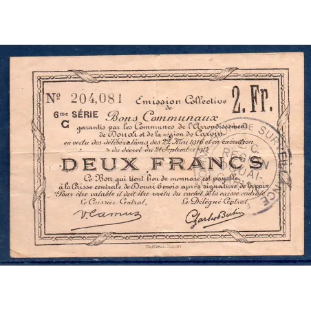 Bon communal Douai et Carvin 2 francs, TB, 22.5.1916 Pirot 59-786 Billet