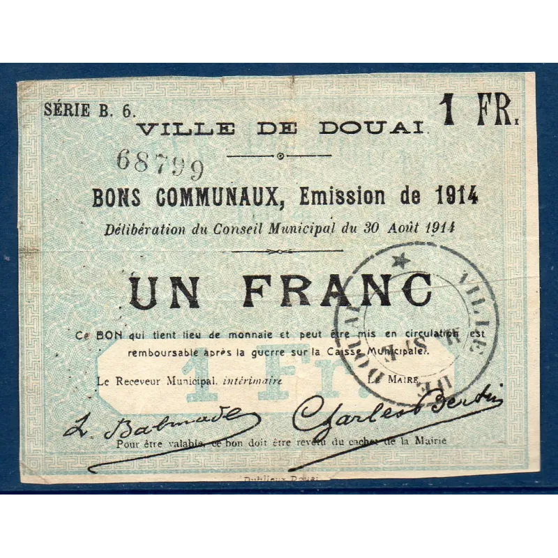 Bon communal Douai 1 franc, TB, 30.8.1914 Pirot 59-723 Billet Bon communal Douai 1 franc, TB, 30.8.1914 Pirot 59-723 Billet