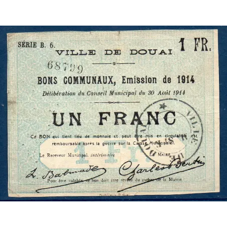 Bon communal Douai 1 franc, TB, 30.8.1914 Pirot 59-723 Billet