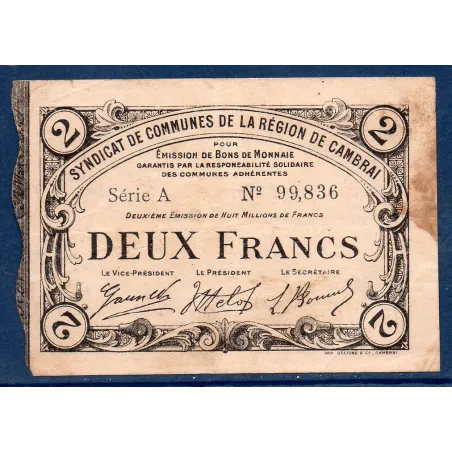Bon communal Cambrai 2 francs, TB, 30.11.1916 Pirot 59-487 Billet