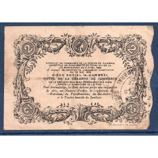 Bon communal Cambrai 2 francs, TB, 30.11.1916 Pirot 59-487 Billet