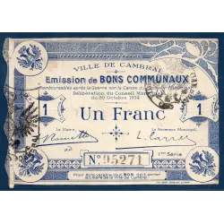 Bon communal Cambrai 1 franc, TB+, 30.10.1914 Pirot 59-455 Billet