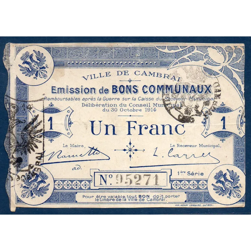 Bon communal Cambrai 1 franc, TB+, 30.10.1914 Pirot 59-455 Billet Bon communal Cambrai 1 franc, TB+, 30.10.1914 Pirot 59-455 Billet