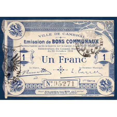 Bon communal Cambrai 1 franc, TB+, 30.10.1914 Pirot 59-455 Billet