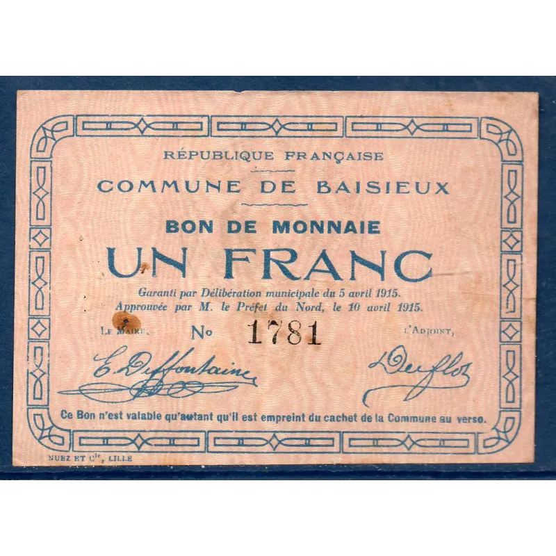 Bon ville Baisieux 1 franc, TB, 5.4.1915 Pirot 59-257 Billet