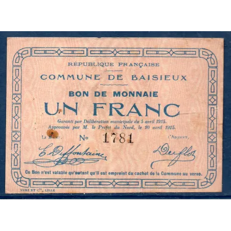 Bon ville Baisieux 1 franc, TB, 5.4.1915 Pirot 59-257 Billet