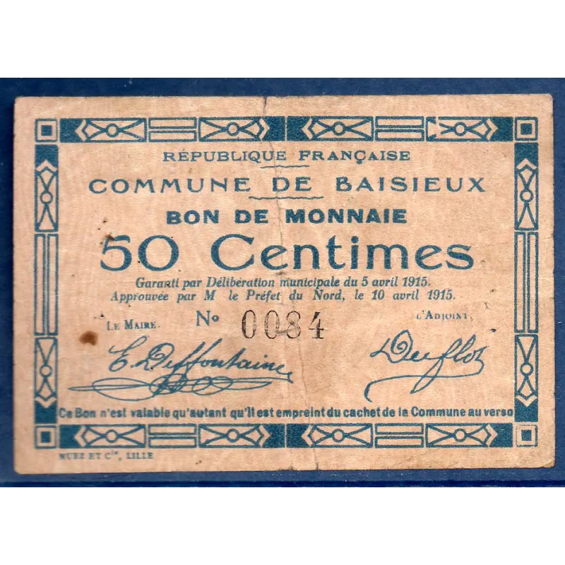 Bon ville Baisieux 50 centimes, TB, 5.4.1915 Pirot 59-256 Billet Bon ville Baisieux 50 centimes, TB, 5.4.1915 Pirot 59-256 Billet