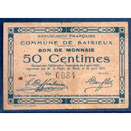 Bon ville Baisieux 50 centimes, TB, 5.4.1915 Pirot 59-256 Billet