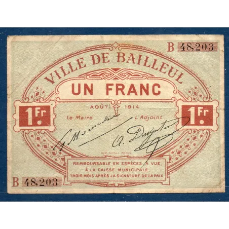 Bon ville Bailleul 1 franc, TB, 8.1914 Pirot 59-252 Billet