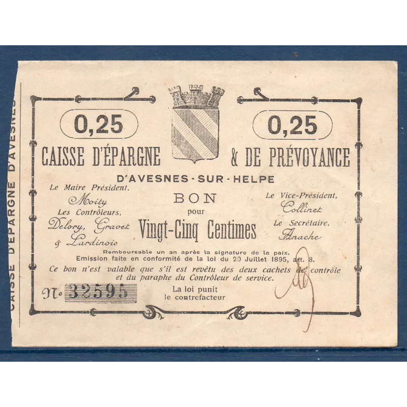 Bon Caisse d'épargne Avesnes-sur-Helpe 25 centimes, TTB, ND Pirot 59-233 Billet Bon Caisse d'épargne Avesnes-sur-Helpe 25 centimes, TTB, ND Pirot 59-233 Billet