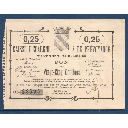 Bon Caisse d'épargne Avesnes-sur-Helpe 25 centimes, TTB, ND Pirot 59-233 Billet