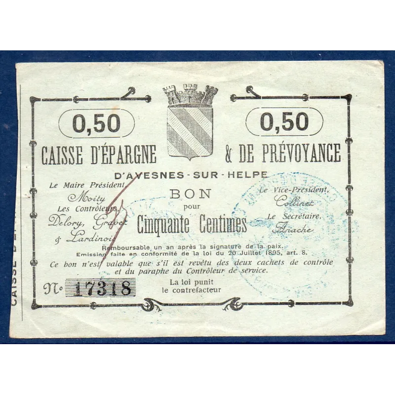 Bon Caisse d'épargne Avesnes-sur-Helpe 50 centimes, TTB-, ND Pirot 59-225 Billet