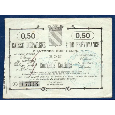 Bon Caisse d'épargne Avesnes-sur-Helpe 50 centimes, TTB-, ND Pirot 59-225 Billet