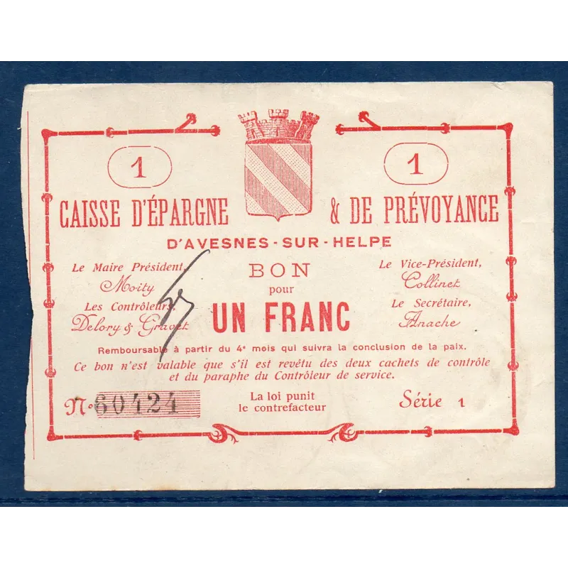 Bon Caisse d'épargne Avesnes-sur-Helpe 1 franc, TTB, ND Pirot 59-221 Billet Bon Caisse d'épargne Avesnes-sur-Helpe 1 franc, TTB, ND Pirot 59-221 Billet