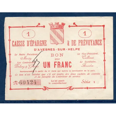 Bon Caisse d'épargne Avesnes-sur-Helpe 1 franc, TTB, ND Pirot 59-221 Billet